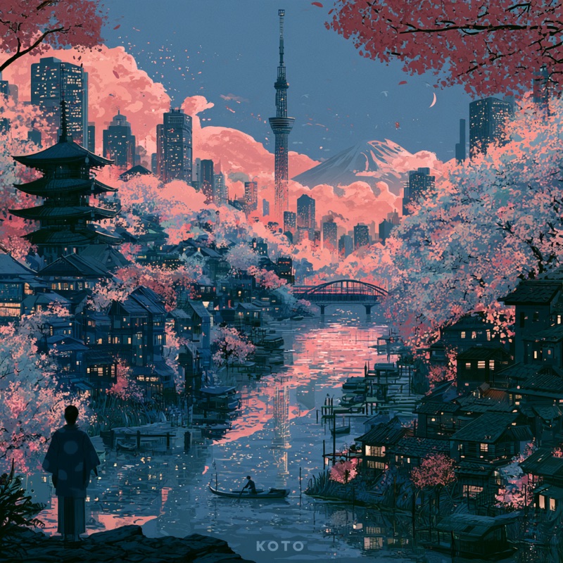 Cherry blossom over a Koto canal at dusk
